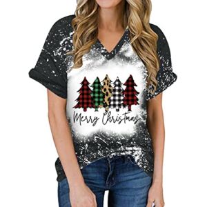 Christmas T-Shirts for Women Teens Girl, Plaid Xmas Tree Graphic Bleached Short Sleeve Tees Top Casual Holiday Clothes