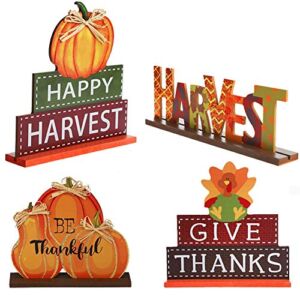 MorTime 4 Pack Thanksgiving Themed Table Centerpiece Signs, Wood Pumpkin Table Decor Harvest Autumn Glittery Pumpkins Table Topper for Home Office Thanksgiving Decorations