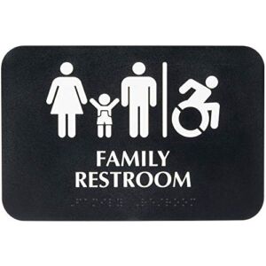 Kraken Sign Co. – ADA Family/Handicap Accessible Restroom Sign with Braille – Black and White, 9″ x 6″ – Easy To Hang, Self Adhesive Included – White on Black Background – For Offices, Businesses, Day Cares, And Restaurants
