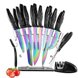 Rainbow Knife Set 17 Pcs Kitchen Knives Set Sharp Stainless Steel Knife Sets Contain 6 Steak Knives Sharpener Scissors and Peeler Clear Acrylic Stand Nonstick Chef Knife Best Gift