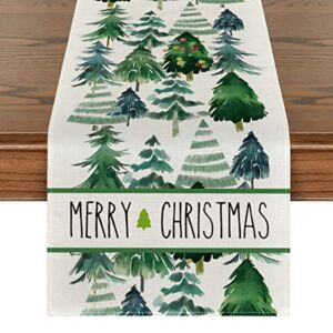 Artoid Mode Watercolor Green Trees Merry Christmas Table Runner, Seasonal Winter Xmas Holiday Kitchen Dining Table Decoration for Indoor Outdoor Home Party Decor 13 x 108 Inch