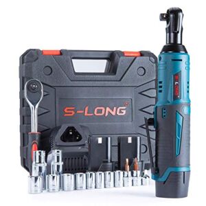 S-LONG Cordless Ratchet Wrench Set, 3/8″ 400 RPM 12V Power Electric Ratchet Driver with 12 Sockets, Two 2000mAh Lithium-Ion Batteries and 60-Min Fast Charge