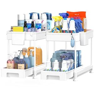 SPACELEAD Under Sink Organizers and Storage for Bathroom 2 Tier Sliding Cabinet Basket Organizer Drawers, Kitchen Under Bathroom Sink Storage Organizer with Hooks The Bottom Can Be Pulled Out White