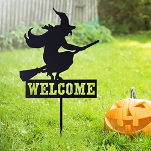 Whaline Halloween Welcome Sign with Stake Spooky Witch on Broom Door Hanger Sign Black Witches Silhouette Garden Stakes for Halloween Home Outdoor Garden Outside Yard Lawn Patio Decor