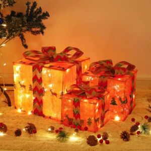 Bstge Christmas Lighted Gift Boxes, Set of 3 Christmas Decorations for Home, Christmas Ornaments, Deer Present Box with 48 Warm White LED for Indoor Outdoor Party Holiday, Christmas Decor