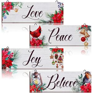 4 Pieces Christmas Wood Vintage Signs Xmas Poinsettia Joy Love Peace Believe Wall Art Rustic Christmas Poinsettia Wall Decorations for Porch Bedroom Home Room Playroom Holiday Decor,11.8 x 4 Inches