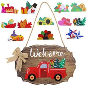 Sinor Interchangeable Red Truck Welcome Sign, 12 Changeable Icons, Rustic Wood Outdoor Hanging Decorations for House Home Wall Front Door Porch, Christmas Halloween Easter Independence Day Decor
