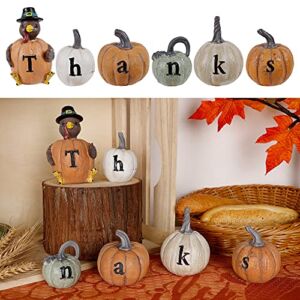 FORUP Carved Give Thanks Turkey Decoration, Thanksgiving Turkey Pumpkin Set for Autumn Fall Thanksgiving Harvest Home Decorations