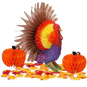 yosager 3 Pack Thanksgiving Table Decorations Tissue Turkey and Pumpkin, with 50 Pcs Artificial Maple Leaves, Honeycomb Decor Thanksgiving Centerpiece Party Accessory Table Supplies