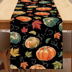 Seliem Fall Colorful Pumpkin Table Runner Black, Watercolor Thanksgiving Harvest Teal Maple Leaves Tabletop Scarf Home Kitchen Decor, Halloween Autumn Holiday Burlap Dining Decoration Party 13×72 Inch