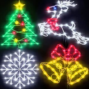 Christmas Window Silhouette Lights Decorations – 16in Pack of 4 Sign Lighted Colour Reindeer Snowflake Christmas Tree Bell for Holiday Indoor Wall Door Glass Decor
