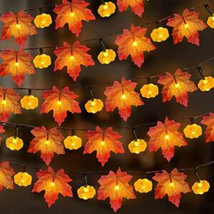 [ Timer & 3D Pumpkin Lights ] Thanksgiving Decorations 3 Pack Fall Garland with Pumpkin Total 30Ft 60LED Realistic Maple Leaves Waterproof Brown Wire Battery Powered Fall Decor Home Indoor Outdoor