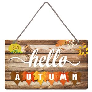 Hello Autumn Sign Rustic Garden Vintage Wood Door Welcome Decor Farmhouse Front Porch Wall Hanging Plaque Wooden Fall Sign for Home Room Bathroom Swimming Pool Indoor Outdoor 12 X 7 in