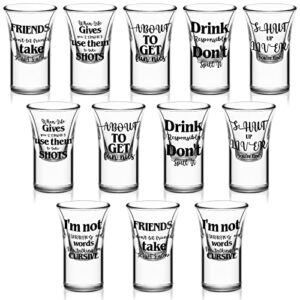 12 Pcs Shot Glasses Party Shot Glasses 1 oz Funny Friends Shot Glasses Adult Party Favors Funny Shot Cups Small Heavy Base Glasses Drinks Funny Shooter Glass for Party Bar, Friend Style
