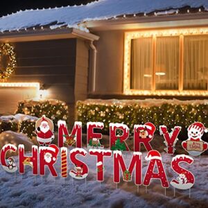Estituent 16 Pcs Merry Christmas Yard Signs Stakes Decoration Novel All Weatherproof Outdoor Christmas Lawn Garden Signs Stakes Decorations 32PCS Stakes Thickened Corrugated Yard Signs Easy Install