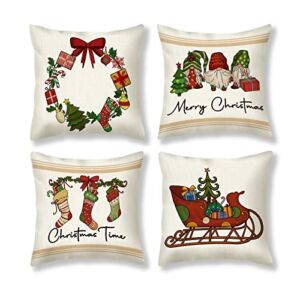 Christmas Pillow Covers 18×18 Inches Set of 4 Christmas Decorations Christmas Stocking Gnomes Christmas Tree Pillows Winter Holiday Throw Pillows Farmhouse Cushion Case with Santa Claus Deer…