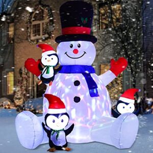 DearHouse 7Ft Lighted Christmas Inflatable Snowman with Three Cute Penguins, Rotating 7 Color Changing Lights Building 3 LED Lights Outdoor Indoor Holiday Yard Inflatables Home Decor