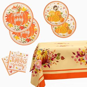 Thanksgiving Party Supplies Tableware Set – 73 Pack Pumpkin Turkey Maple Thanksgiving Plates Napkins and Tablecloth Disposable Dinnerware for Fall Themed Thanksgiving Dinner Party Decorations