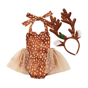 Baby Girl Christmas Reindeer Costume Heart Green Red Fur Tulle Halter Romper Dress with Deer Antlers Headband Santa Hat Easter Day Party Xmas Holiday Outfit Clothes Set Brown Reindeer 3-6 Months