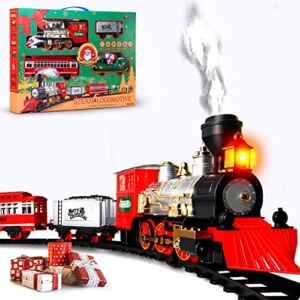BELLOCHIDDO Train Set w/ Steam Locomotive Engine,Cargo Car＆Long Track for Toddlers 3-5,Electric Play Set Train Toys w/ Smoke,Light & Sounds, for 4 5 6 7 8+ Year Old Kids,Boys & Girls