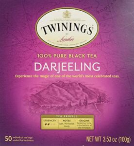 Twinings of London Darjeeling Tea, Individually Wrapped, Slightly Dry & Delicate Taste, Sophisticated Woody Aroma, Coffee Alternative with Less Caffeine, 100% Pure Black Tea, 50 Tea Bags