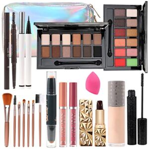 All in one makeup kit for women full kit makeup set for girls teens Eyeshadow Palette, Lip Gloss, Lipstick, Foundation, Mascara, Eyebrow Pencil, Eyeliner, Contour Stick, Powder Puff, Makeup Brushes, Cosmetic Bag