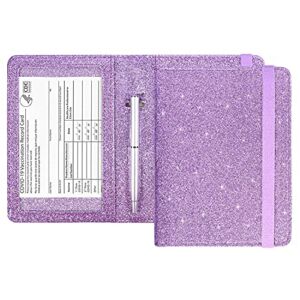 ACdream Passport and Vaccine Card Holder Combo, Cover Case with CDC Vaccination Card Slot, Leather Travel Documents Organizer Protector, with RFID Blocking, for Women and Men, Glitter Purple