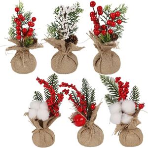 winemana 6 Pcs Mini Christmas Tree Table Decorations, 8″ Small Artificial Trees with Red Berries Pine Cone Greenery Tabletop Centerpiece for Home Office Room Holiday Decorations