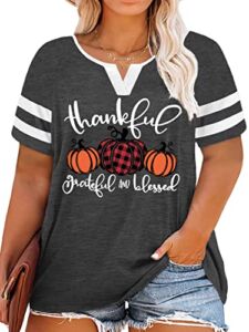 Plus Size Thanksgiving Shirts Women Thankful Grateful Blessed Shirt Leopard Pumpkin Print Casual Fall Tops Grey