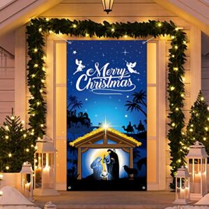 Nativity Christmas Door Cover Decorations, Jesus Holy Night Christmas Fabric Door Decorations Porch Sign Nativity Scene Outdoor Religious Front Door Hanging Backdrop for Holiday Christmas 71×35 Inch