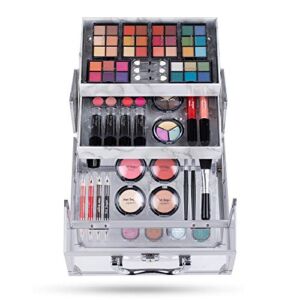 Hot Sugar Mixed Beauty Makeup Kit Cosmetic Set All in One Train Case Matte Shimmer Eyeshadow Palette Blushes Lipstick Stylish Jewelry Box Birthday Gifts for Teenager Girls Women (Clear)