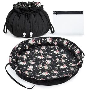 Drawstring Makeup Bag, BAGSMART Cosmetic Bag, Travel Makeup Organizer Case with Clear Pouch Set, Portable Make Up Bags for Women Toiletries Accessories Brush Floral (Black)