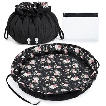 Drawstring Makeup Bag, BAGSMART Cosmetic Bag, Travel Makeup Organizer Case with Clear Pouch Set, Portable Make Up Bags for Women Toiletries Accessories Brush Floral (Black) | The Storepaperoomates Retail Market - Fast Affordable Shopping