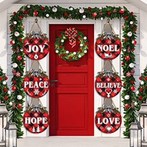 6 Pcs Christmas Hanging Sign Decorations Red and Black Plaid Wreaths Door Sign Plastic Round Peace Joy Love Decorative Sign with Rope for Xmas Holiday Party Front Door Windows Walls Decor Supplies