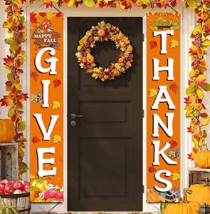 GIVE Thanks Hanging Banner Porch Sign Autumn Pumpkin Maple Leaf Backdrop Flag Fall Harvest Welcome Banner for Indoor Outdoor Wall Door Decoration Thanksgiving Party Decorations 72″x12″
