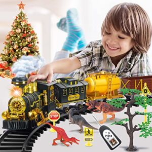 JUQU Remote Control Toy Train Sets – Electric Train Toy with Dinosaurs,Battery-Powered Steam Locomotive Engine with Sounds and Light, Cargo Cars & Tracks, for 3 4 5 6 7 8+Year Old Kids