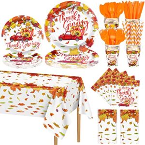 ADXCO 242 Pieces Thanksgiving Tableware Set Disposable Dinnerware Set Include Plate, Cup, Napkin, Cutlery, Tablecloth, Straws, Autumn, Thanksgiving Party Supplies