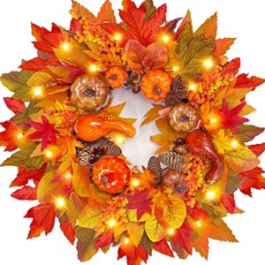 [Timer & Thick ] 18 Inch Prelit Thanksgiving Decor Wreath 20 LED Lights Fall Decorations Front Door 72 Maple Leaves Pumpkin Wreath Pinecone Berry Battery Operate Fall Wreath Harvest Decor Home Outdoor