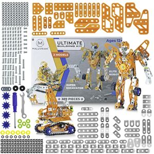 MALUVRIAN Erector Set for Boys – Girls | Metal Model Kits for Adults Teens and Advanced Kids Stem Toys | Build A Robot or an Excavator | Educational Toys | Engineering Toys | Building Kit | 389 pcs