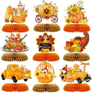 Tarklanda 9 Pcs Thanksgiving Honeycomb Centerpieces Party Decorate,Give Thanks Pumpkin Truck Sunflowers Paper Honeycomb 3D Table Decoration for Thanksgiving Kids Baby Shower Birthday Party Supplies