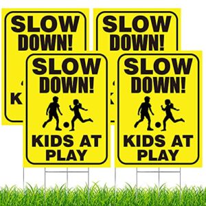 4 Pieces Slow Down Kids At Play Sign with Metal Stake, 12 x 16 Inch Kids At Play Safety Signs, Double Sided Child Safety Caution Signs, Children Sign for Street, Lawn Neighborhoods (Yellow)