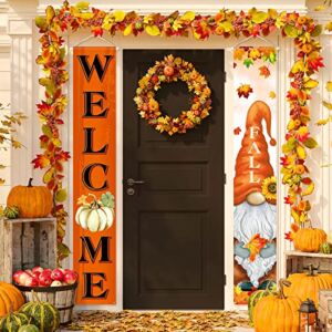 Welcome Fall Porch Banners Autumn Harvest Door Banner with Pumpkin Maple Leaves Gnome Pattern Thanksgiving Hanging Banners Autumn Home Decorations for Fall Indoor Outdoor Home Yard Wall Supplies