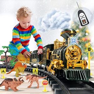 Train Set Toy with Remote – Upgraded Large Size Electric Train Toy Set with Dinosaurs, Battery-Powered Steam Locomotive Engine, Cargo Cars & Tracks, Gift Toys for Age 3 4 5 6 7 8+ Kids, Assorted