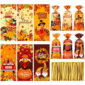 120 Pcs Thanksgiving Fall Cellophane Bags Maple Leaves Cello Bag Fall Goodie Treat Bags Autumn Pumpkin Candy Bags with 150 Pcs Gold Twist Ties for Thanksgiving Fall Autumn Party Supplies Gift Wrapping