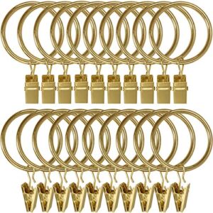 LLPJS 20 Pack Metal Curtain Rings with Clips, Curtain Clip Rings Hooks for Hanging Drapery Drapes Bows, Curtain Rod Rings 1.5 inch Interior Diameter, Gold
