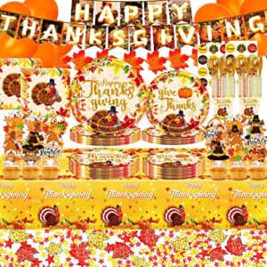 DawnHope Thanksgiving Decorations Fall Theme Party Supplies Paper Plates and Napkins with Tablecloth, Cutlery, Balloons, Stickers, Maple Leaves Confetti and Cupcake Toppers for Autumn Decor, Serves 24