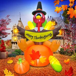 KOOY 6 FT Thanksgiving Inflatable Turkey with Pilgrim Tail,Thanksgiving Decorations Outdoor and Indoor,Thanksgiving Blow up Yard Decorations,Fall decorations outdoor,Thanksgiving Decor with LED Lights