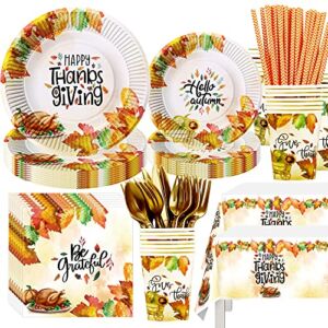 HIPEEWO Thanksgiving Party Supplies Disposable Dinnerware – Thanksgiving Tableware Set Include Plate, Cup, Napkin, Cutlery, Tablecloth, Straws, Turkey Theme Thanksgiving Dinner Decorations | Serve 24