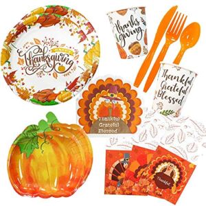 Thanksgiving Plates sets Fall Dinner Party Decorations – Thankful, Grateful, Blessed harvest Party Favor Supplies – Serve 12– Cups, cutlery holder, napkins Parties Pack – pumpkins, Turkey, Leaves