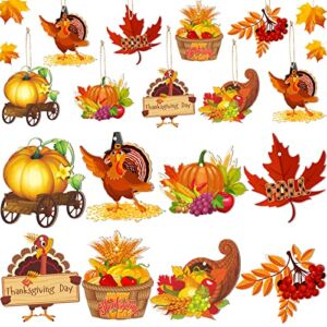 40 Pieces Fall Thanksgiving Wood Ornaments Fall Tree Ornaments Pumpkin Cutout Maple Acorns Turkey Autumn Harvest Hanging Ornament Decor for Thanksgiving Day Home Indoor Outdoor (Warm Style)